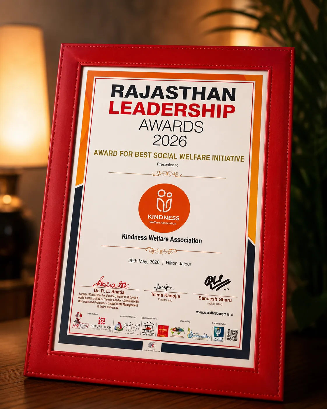Best Social Welfare Initiative Award Certificate - Kindness Welfare Association Hunger Relief NGO